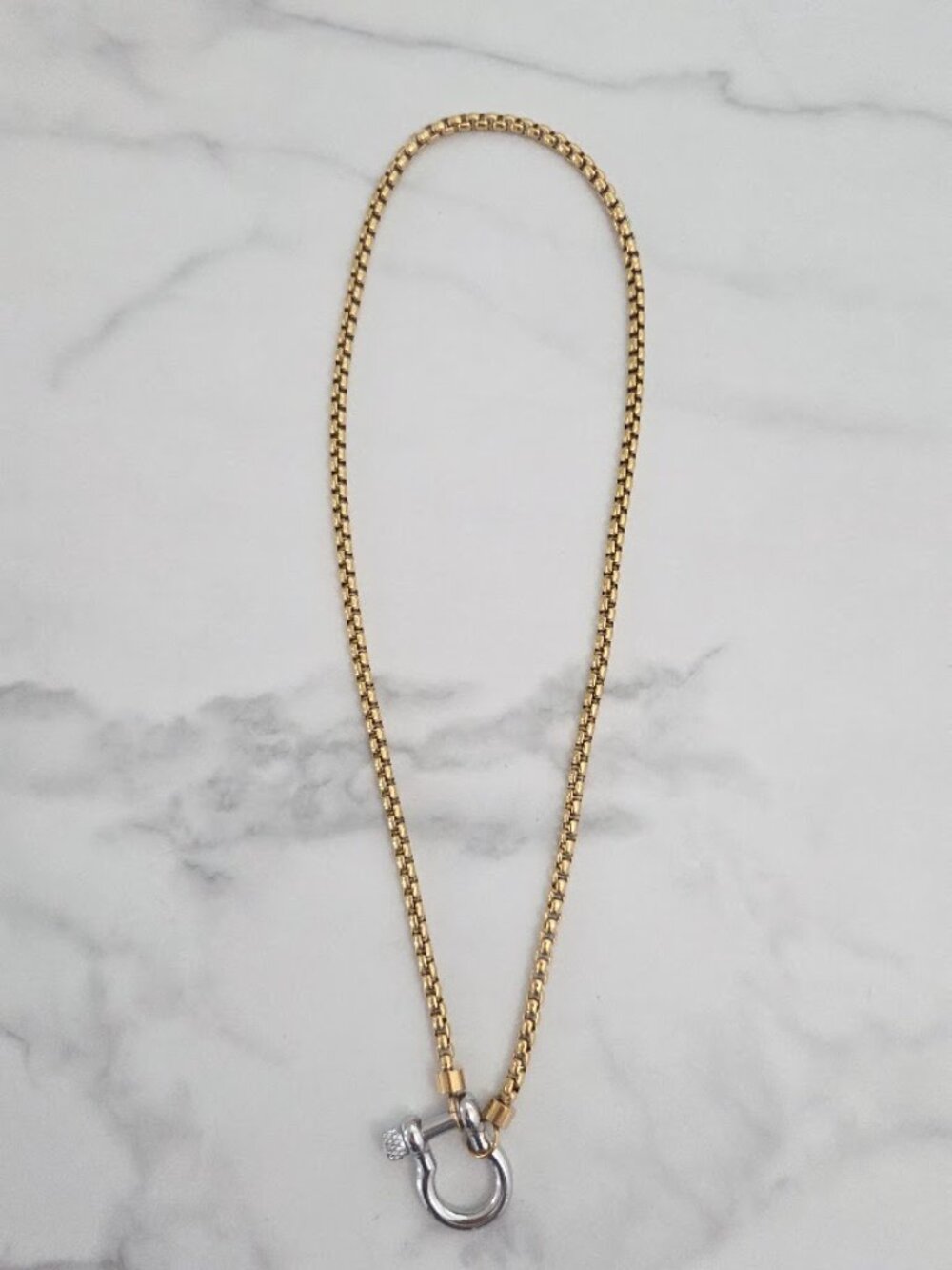 Stainless Steel Two Tone Horseshoe Shackle Clasp Box Chain Pendant Necklace - Picture 2 of 14